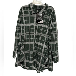 Attitudes By Renee Green Plaid Button-Up Shirt With Pockets NWT